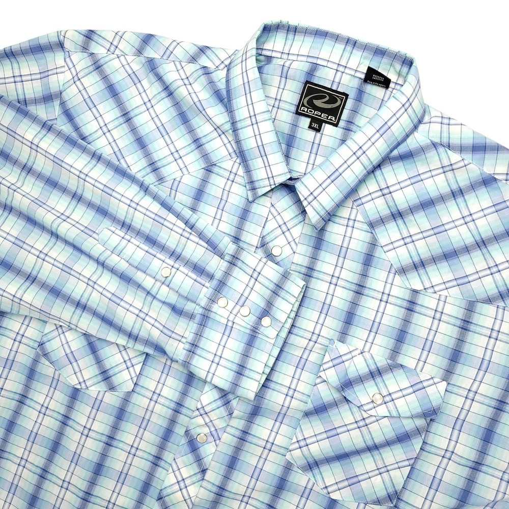 Roper Western Shirt Mens 3XL Blue Plaid Pearl Snap Long Sleeve Button Up Cowboy
